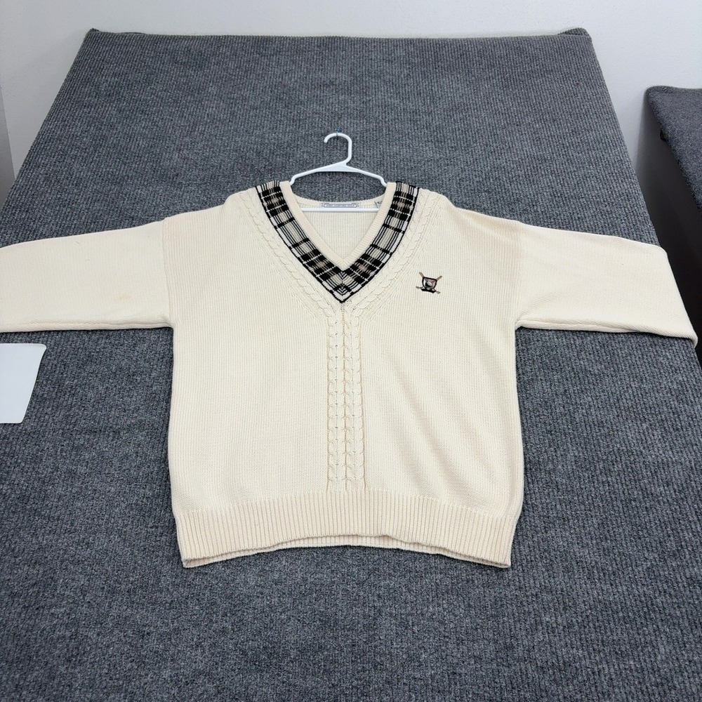 Vintage John Ashford Golf Sweater Mens XL Cream Cotton V-Neck Plaid Preppy Style
